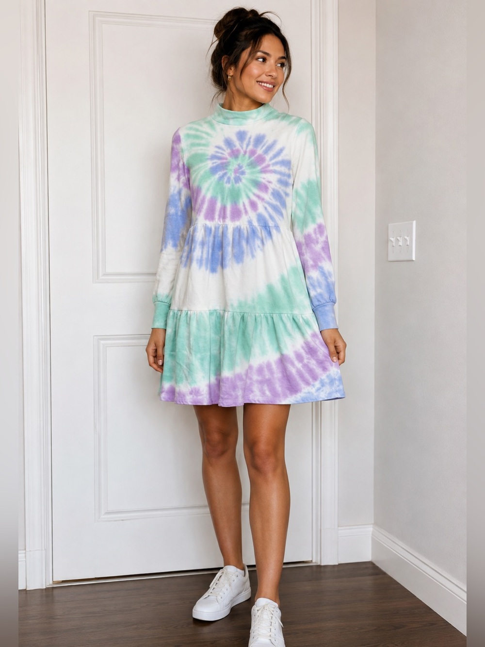 Style & Co Petite Small Tie Dye Mock Neck Tiered Sweatshirt Dress PS Retro NWT